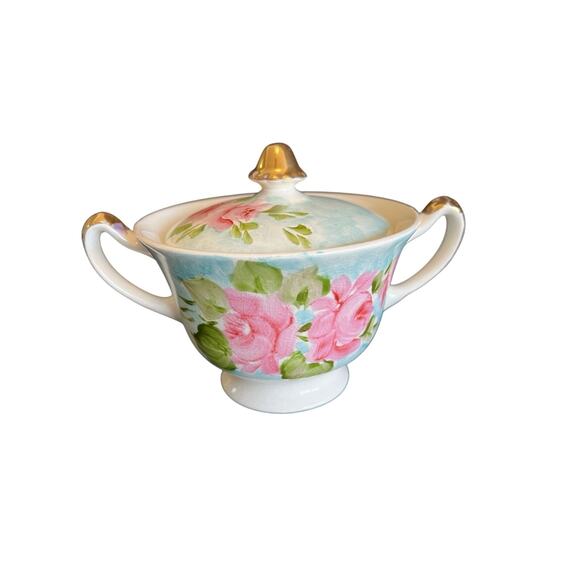 Hand Painted Porcelain Sugar Or Honey Bowl Lid Blue Pink Roses Gold Trim Signed - Picture 2 of 16